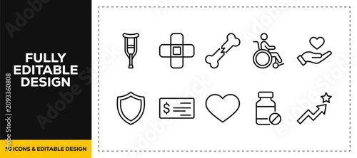 flat vector illustration line art icon bundle set design displaying disabled physical therapies wheelchair medical care disability assistance and accessibility UI app