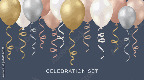 Foto Colorful balloons and ribbons for celebration.