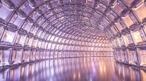 Abstract purple crystal glass block tunnel interior.