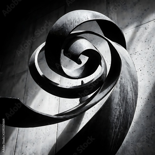 Abstract spiral metal sculpture with dramatic high-contrast lighting.