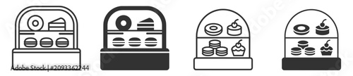 Foto bakery display case with cakes donuts macarons and cupcakes vector icon set on t