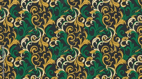 Konstfotografi Vibrant green and gold swirling ornate pattern.