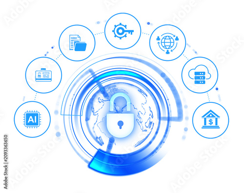 Digital security lock with global tech icons and data protection symbols arranged around a world map on a bright futuristic background illustrating cybersecurity concept. 3D Rendering