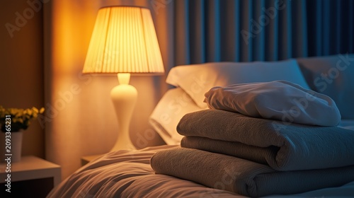 Neatly folded pajamas on bed beside bedside lamp in a peaceful modern bedroom at night