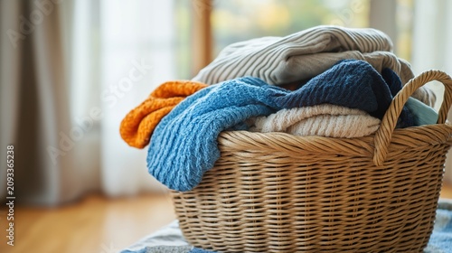 Laundry basket with neatly folded family clothes ready for storage in a tidy modern home