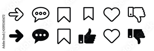 Social media interface icon, like, unlike, comment, share, message, save and thumb symbols in line style for apps and websites