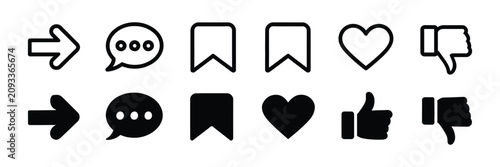 Social media interface icon, like, unlike, comment, share, message, save and thumb symbols in line style for apps and websites