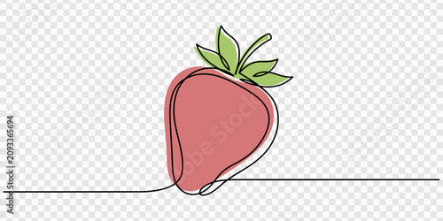 Strawberry fruit continuous one line drawing minimalism design, Minimalist one line art drawing of a red strawberry with green leaves and yellow seeds. Continuous black line vector illustration.