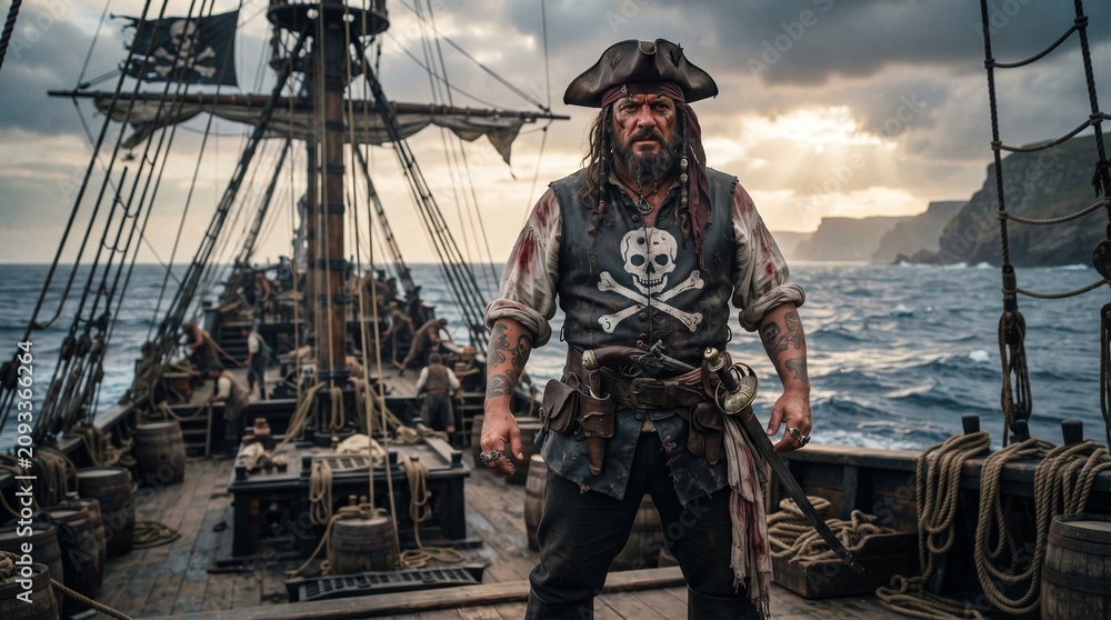 Naklejka premium Pirate captain standing on ship deck. Swashbuckling buccaneer in pirate costume. Maritime adventurer at sea