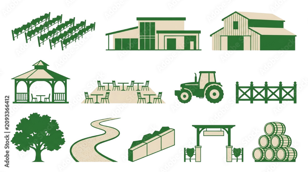 Obraz premium Winery Estate Icons with Vineyard Rows Barn Gazebo Tractor Wine Barrels and Patio
