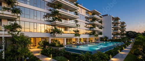 Modern luxury apartment building with a swimming pool and lush tropical landscaping at sunset
