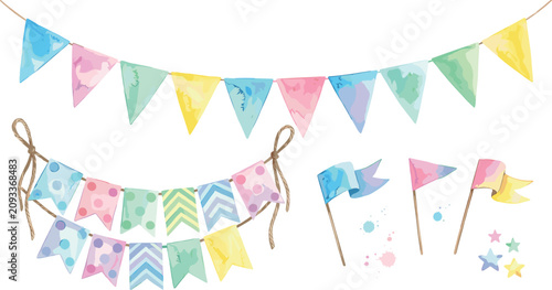 Bild auf Leinwand Watercolor Pastel Party Bunting Garland and Birthday Flags Set for Festive Celeb