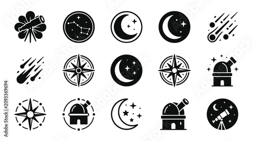 Fotografie Collection of astronomy and navigation icons featuring celestial bodies and instruments