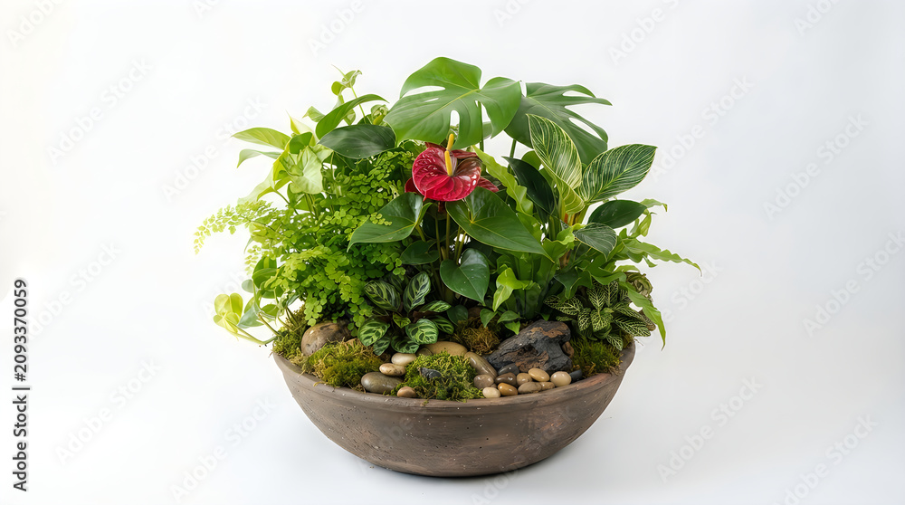Fototapeta premium Small red anthurium plant in a round grey ceramic pot illustration