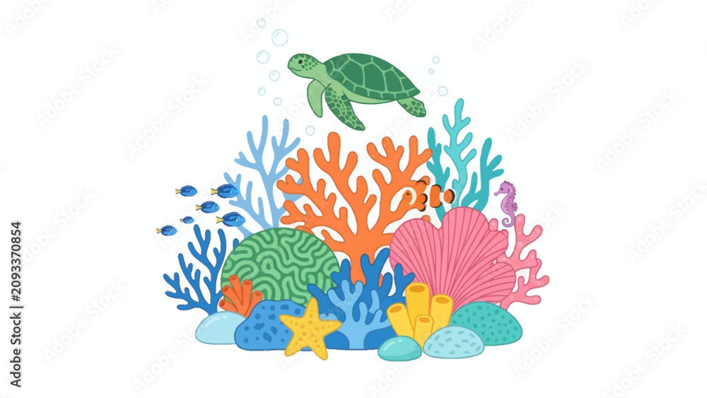 Obraz premium Vibrant Underwater Coral Reef Scene with Colorful Corals and a Green Sea Turtle.