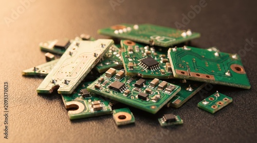 Close-up of a pile of small green circuit boards with various electronic components on a dark surface, representing technology and e-waste.