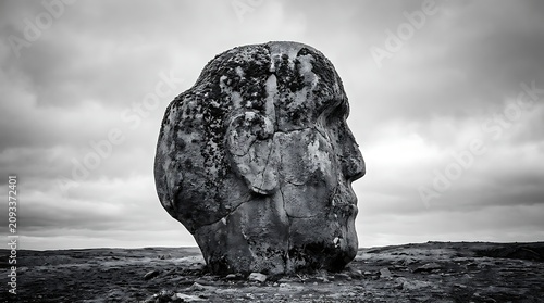 Ancient stone head sculpture in monochrome landscape.