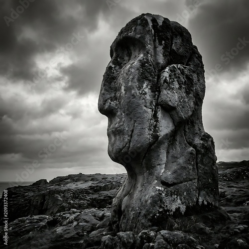 Ancient stone statue head against cloudy sky.