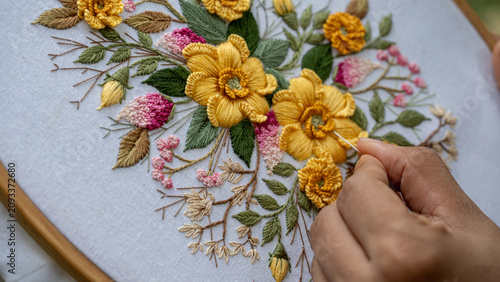 Detail View of Traditional Hand Stitching Flower Pattern on Hoop