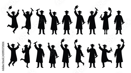 Black vector illustration set featuring numerous happy university graduates wearing academic robes and traditional caps