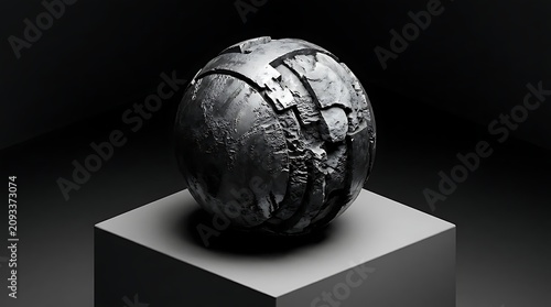 Ancient textured stone sphere on white pedestal