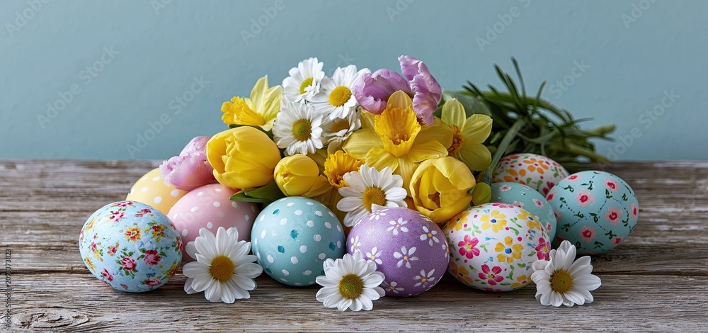 Fototapeta premium A vibrant Easter display featuring painted eggs and fresh spring blooms on weathered wood.