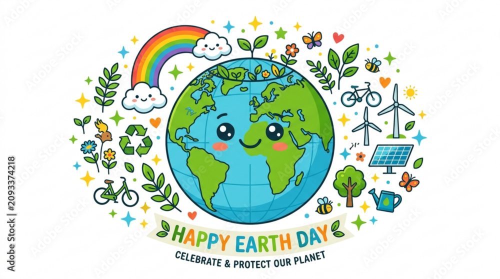 Naklejka premium Happy Earth Day illustration with a cute planet surrounded by nature renewable energy symbols and a rainbow celebrating environmental protectio