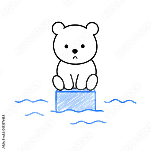 An illustration themed around global warming and climate change, featuring a lone polar bear cub drifting on a melting ice floe in the ocean. Isolated on a transparent background
