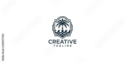 Minimalist tropical beach logo design featuring a palm tree and ocean waves in a geometric badge frame