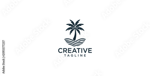 Minimalist palm tree and ocean wave logo design for tropical beach resort branding