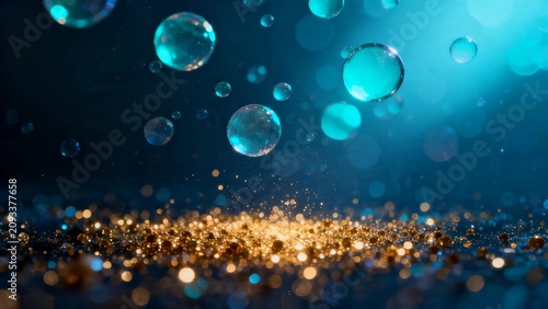 Glowing blue abstract bokeh background with sparkling particles, shimmering glitter, magical lens flare, dreamy illumination, vibrant cosmic dust and festive light effects