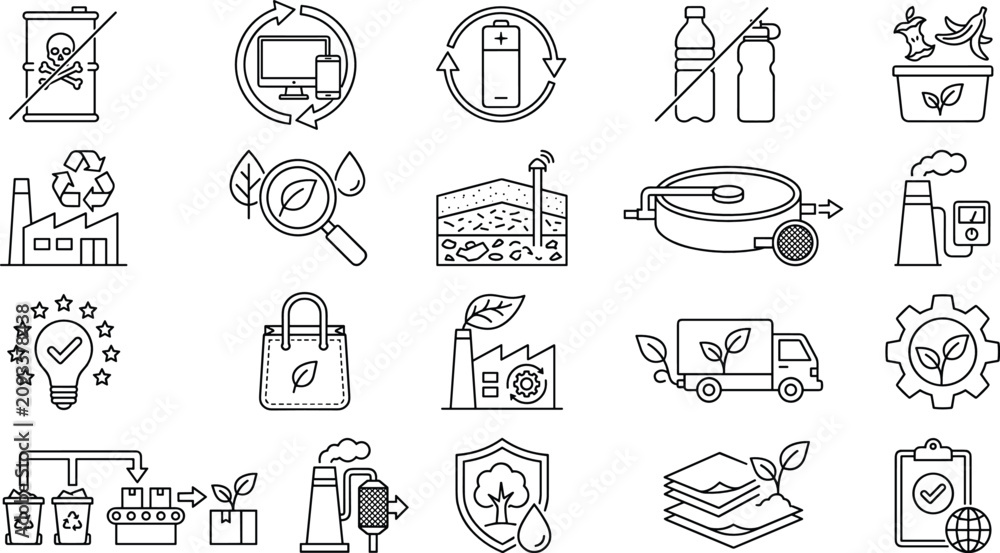 Fototapeta premium Sustainability and Circular Economy Line Icons Set with Recycling Green Manufacturing and Eco Certification
