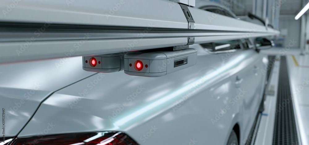 Obraz premium In a clean industrial setting, advanced AI sensors inspect the vehicle's paint for quality assurance.
