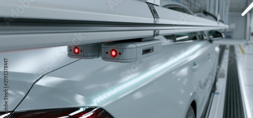 In a clean industrial setting, advanced AI sensors inspect the vehicle's paint for quality assurance.