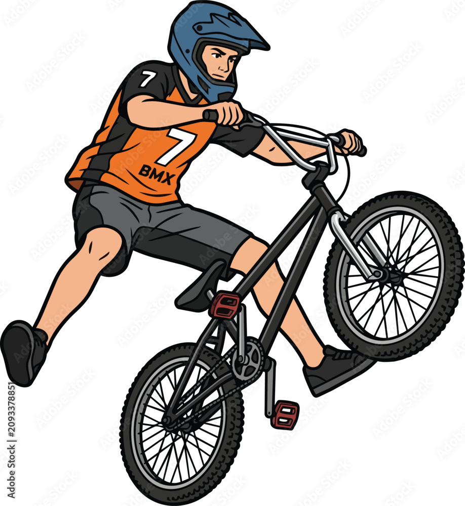 Obraz premium Dynamic BMX Rider Performing Mid Air Trick on Mountain Bike in Vector Illustration Style biker mountainbike midair action sport cycling