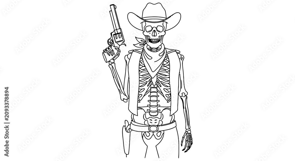 Fototapeta premium Skeleton Cowboy With Revolver Black Line Art Illustration On White Background