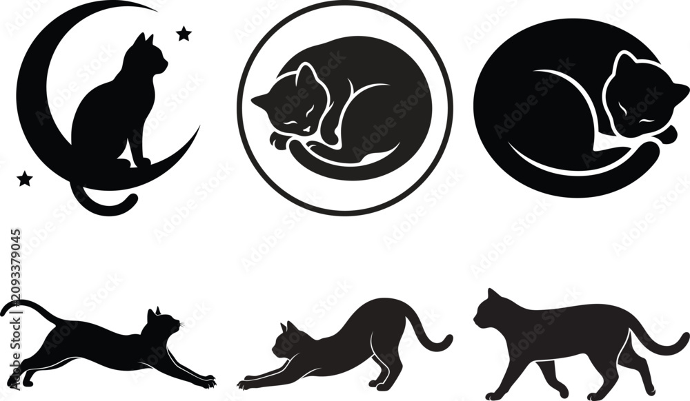 Obraz premium Black silhouette cats in different poses and moon background
