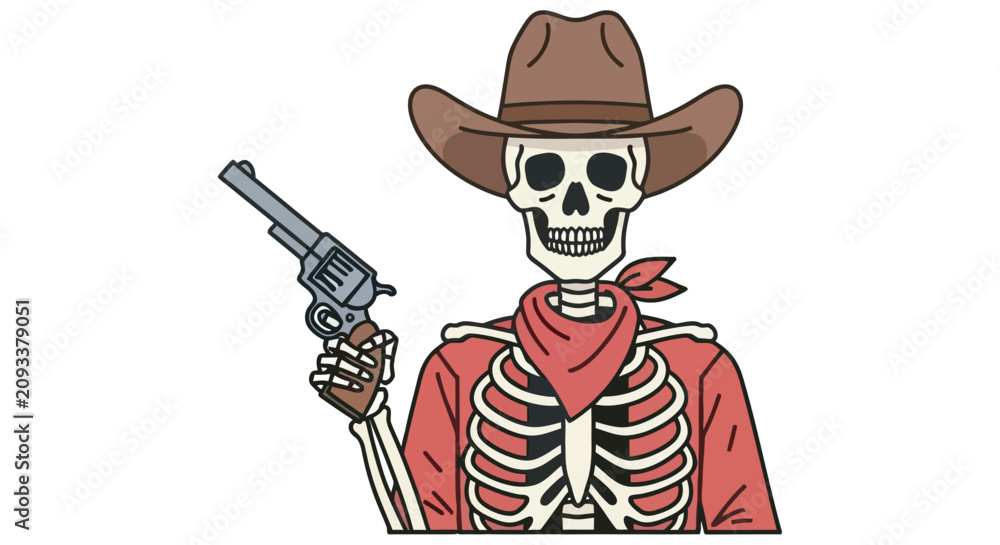 Obraz premium Skeleton cowboy with revolver and hat colorful vector illustration on a white background