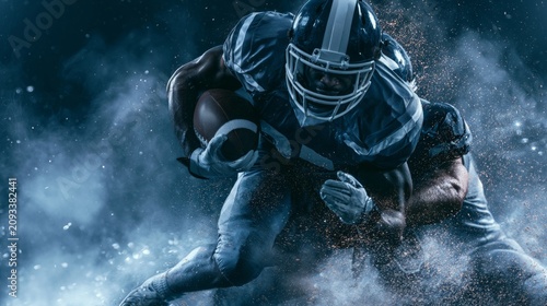 American football player in action, running with the ball during a game