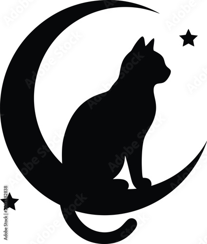 Black silhouette cat sitting under crescent moon with stars