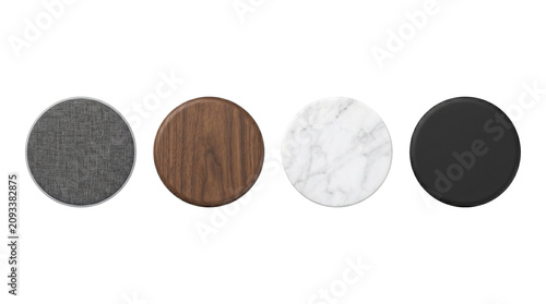 Four different circular surface textures including fabric wood marble and black high quality PNG on white background