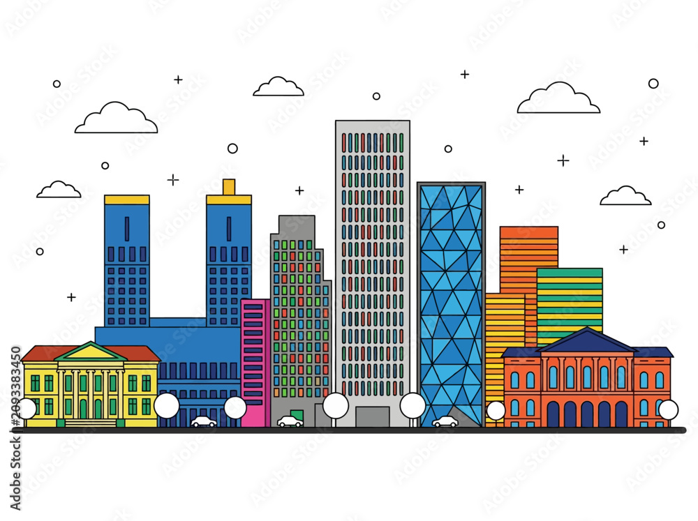 Obraz premium Modern City Skyline Flat Line Vector Illustration with Skyscrapers