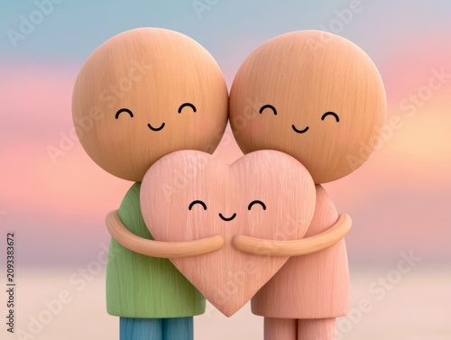 Whimsical Wooden Figures Embracing a Heart to Symbolize Mental Wellness and Self-Care in a Soft Color Palette