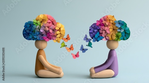 Colorful Wooden Figures Engaged in Self-Care and Mental Wellness Practices with Butterfly Imagery Symbolizing Transformation and Growth in a Serene Setting