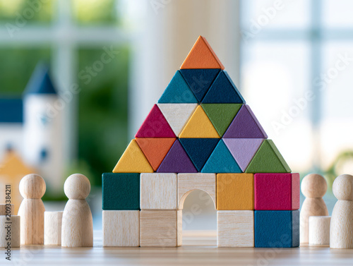 Colorful wooden blocks form pyramid structure symbolizing project management strategy with team roles and collaboration in bright office environment