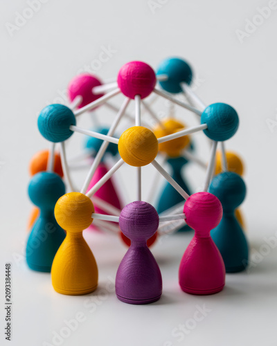 Colorful wooden figures represent team collaborating on project management strategy with defined roles, symbolizing teamwork, leadership, and organizational structure