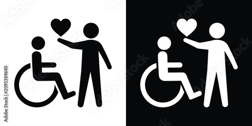 Schilderij op canvas Disabled person in wheelchair receiving love and support from a helper icon, black and white version