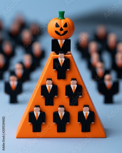Unique Representation of Workplace Hierarchy with a Playful Twist Featuring a Pumpkin-Headed Figure at the Top and Diverse Business Characters below