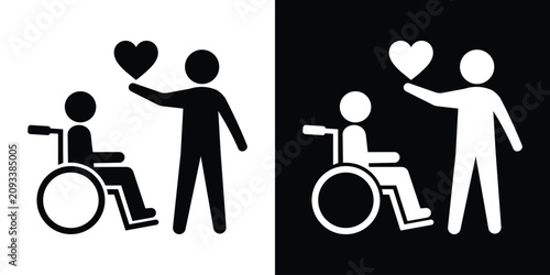 Bild auf Leinwand Disabled person in wheelchair receiving love and support from a helper icon, black and white version