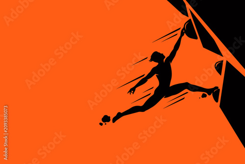 Принти на полотні Dramatic silhouette of an athlete losing grip and leaping backward from a rock wall, capturing the pivotal moment of failure and risk against a vivid orange backdrop